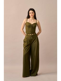 True West - Women Olive Wide Leg Medium Waist Trouser