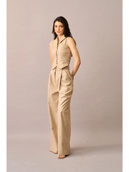 True West - Women Beige Wide Leg Medium Waist Trouser