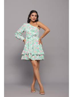 Twenty Dresses by Nykaa Fashion - Green Floral One-Shoulder Belted Fit & Flare Mini Dress