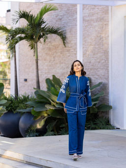 RUIAAN - Womens Blue Wave Embroidered Co-Ord (Set of 3)