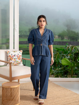 RUIAAN - Womens Iced Blue Solid Co-Ord (Set of 2)