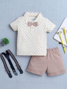 Bumzee - Beige Polka Dots T-Shirt and Shorts with Suspender (Set of 3)