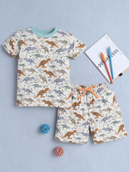 Bumzee - Beige Printed T-Shirt and Shorts (Set of 2)