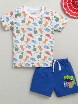 Bumzee - White Printed T-Shirt and Shorts (Set of 2)