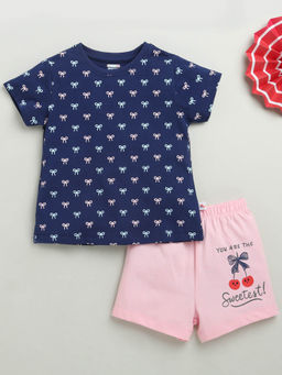 Bumzee - Navy Blue Printed T-Shirt and Shorts (Set of 2)