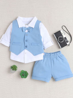 Bumzee - Blue Solid Shirt and Waistcoat with Shorts (Set of 3)