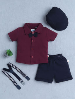 Bumzee - Wine Solid Shirt with Shorts, Suspender and Cap (Set of 4)