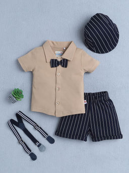 Bumzee - Beige Stripes Shirt with Shorts, Suspender and Cap (Set of 4)