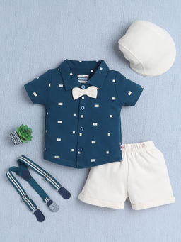 Bumzee - Teal Printed Shirt with Shorts, Suspender and Cap (Set of 4)