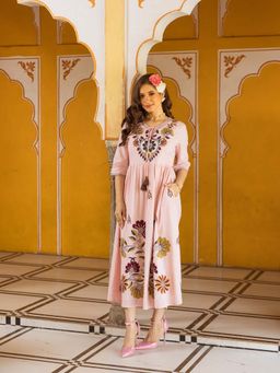 AADEWS - Pink Cotton V-Neck Embroidered Dress