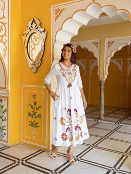 AADEWS - White Cotton V-Neck Embroidered Dress