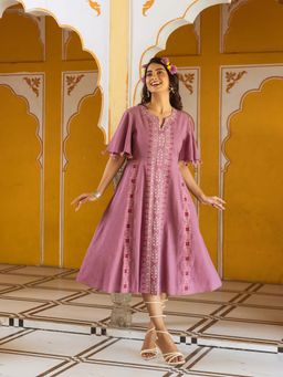 AADEWS - Mauve Cotton Round Neck Embroidered Dress