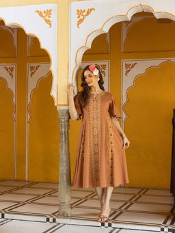 AADEWS - Rust Cotton Round Neck Embroidered Dress