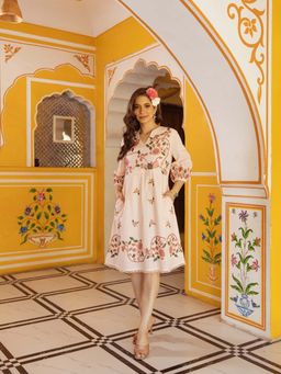 AADEWS - Pink Cotton Round Neck Embroidered Dress