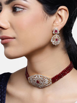 Estele - Gold Plated CZ Elante Choker Necklace with Red Beads for Women (Set of 2)