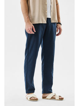 Snitch - Men Navy Blue Solid Straight Casual Trouser