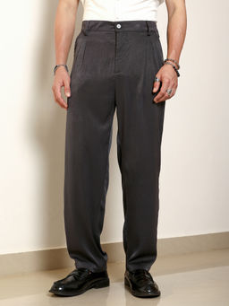 Campus Sutra - Men Midnight Black Foil Pleated Straight-Fit Trousers