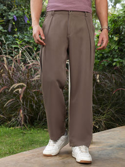 Campus Sutra - Men Chocolate Brown Straight-Fit Pleated Trousers