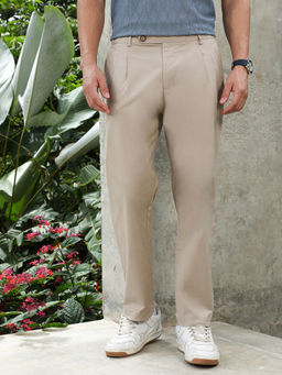 Campus Sutra - Men Khaki Beige Pleated Straight-Fit Trousers