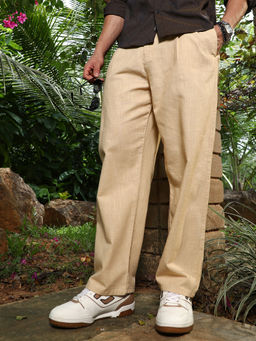 Campus Sutra - Men Buff Beige Pleated Extended-Button Trousers