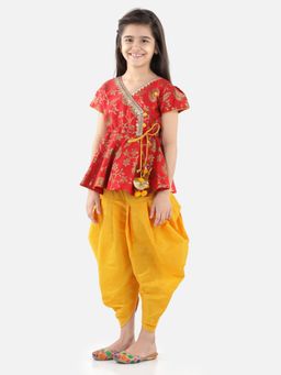 BownBee - Girls Jacquard Half Sleeve Peplum Withsilk Blend Dhoti- Red (Set of 2)