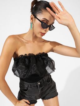 PINACOLADA - Women's Black Ribbed Ruffle Bodysuit