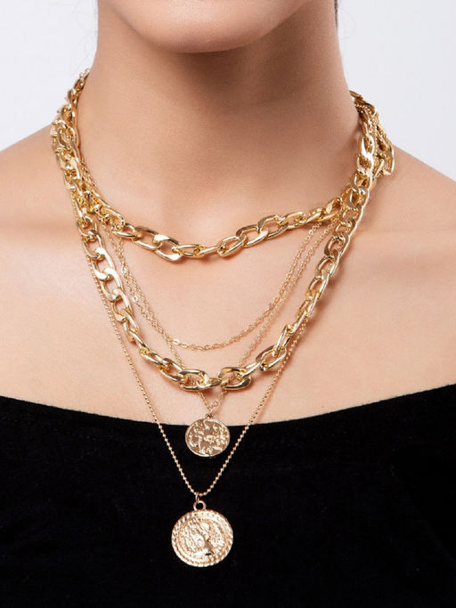 OOMPH Gold tone Multi Layer Multi Strand Coin Charm Link Chain Necklace