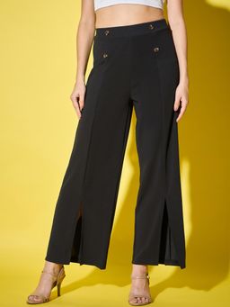 Buynewtrend - Women’S Black Solid Pant with Front Slit