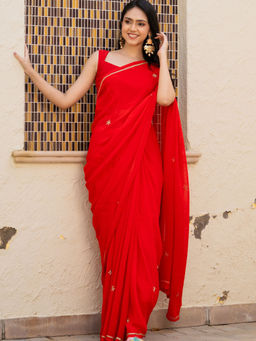 HOUSE OF JAMOTI - Scarlet Red Handwork Saree without Blouse
