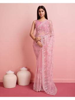 VAIRAGEE - Pink Net Embellished Work Saree with Unstitched Blouse