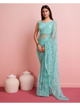 VAIRAGEE - Blue Net Embellished Work Saree with Unstitched Blouse