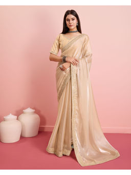 VAIRAGEE - Cream Silk Blend Plain Saree with Unstitched Blouse