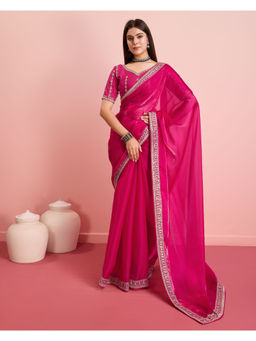 VAIRAGEE - Magenta Silk Blend Plain Saree with Unstitched Blouse