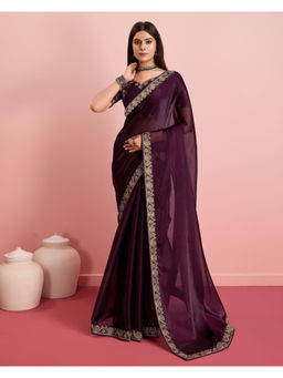 VAIRAGEE - Purple Silk Blend Plain Saree with Unstitched Blouse