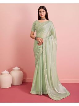 VAIRAGEE - Green Silk Blend Plain Saree with Unstitched Blouse