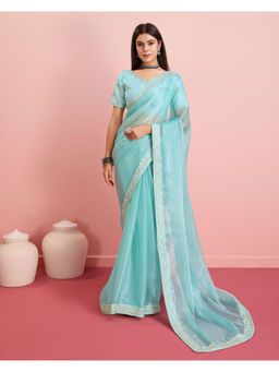VAIRAGEE - Blue Silk Blend Plain Saree with Unstitched Blouse