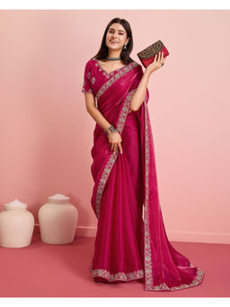 VAIRAGEE - Magenta Silk Blend Plain Saree with Unstitched Blouse