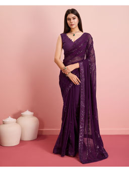 VAIRAGEE - Purple Georgette Embellished Work Saree with Unstitched Blouse