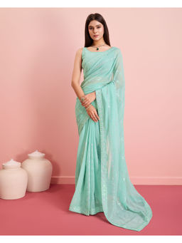 VAIRAGEE - Blue Georgette Embellished Work Saree with Unstitched Blouse