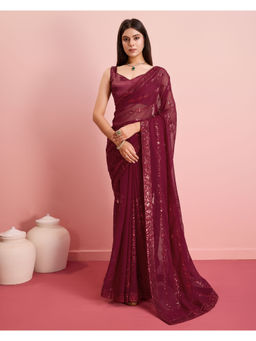 VAIRAGEE - Maroon Georgette Embellished Work Saree with Unstitched Blouse