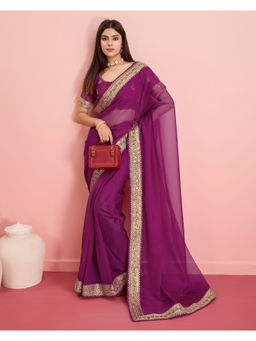 VAIRAGEE - Purple Organza Plain Saree with Unstitched Blouse