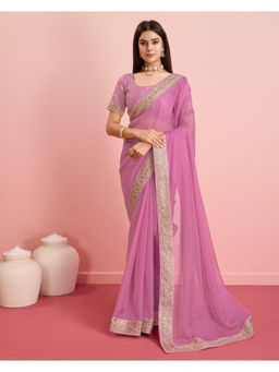VAIRAGEE - Pink Organza Plain Saree with Unstitched Blouse