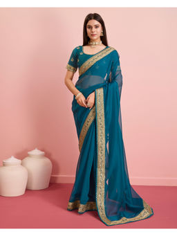 VAIRAGEE - Teal Organza Plain Saree with Unstitched Blouse