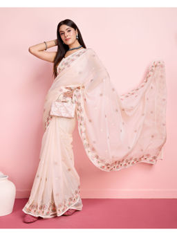 VAIRAGEE - Cream Organza Embroidered Work Saree with Unstitched Blouse