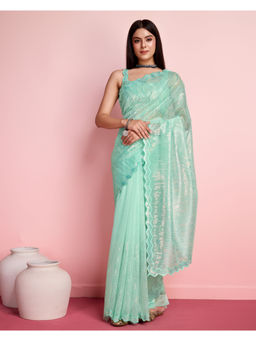 VAIRAGEE - Green Net Embellished Work Saree with Unstitched Blouse