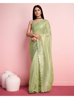 VAIRAGEE - Green Net Embellished Work Saree with Unstitched Blouse