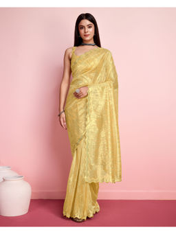 VAIRAGEE - Yellow Net Embellished Work Saree with Unstitched Blouse