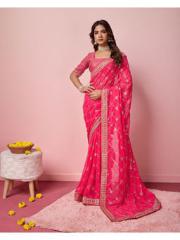 VAIRAGEE - Pink Georgette Embellished Work Saree with Unstitched Blouse