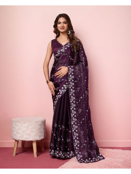 VAIRAGEE - Purple Silk Blend Embroidered Work Saree with Unstitched Blouse