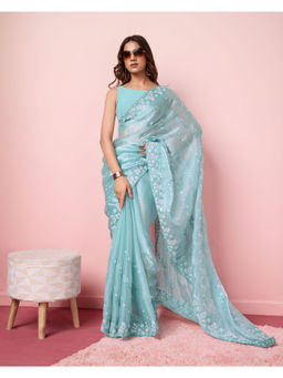 VAIRAGEE - Blue Silk Blend Embroidered Work Saree with Unstitched Blouse